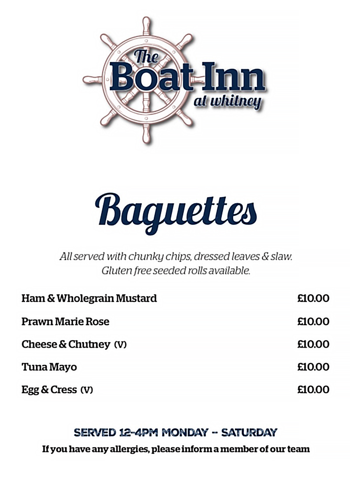 Boat Inn, Whitney on Wye - Baguettes Menu