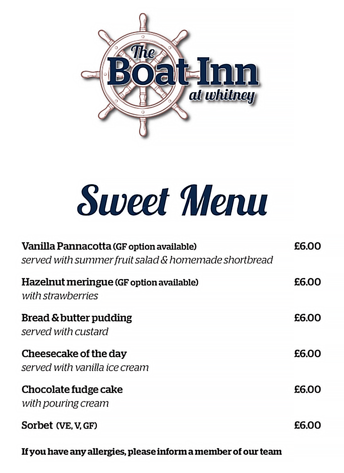 Boat Inn, Whitney on Wye - Sweets Menu